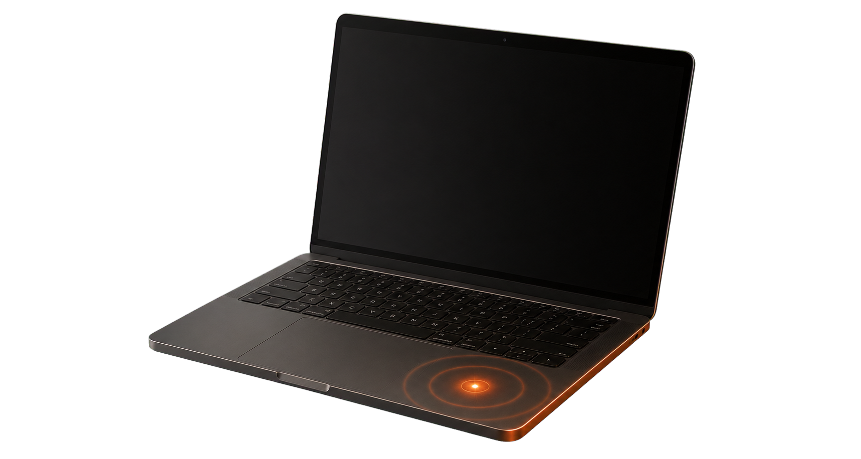 A MacBook with a glowing tap point on its aluminum chassis